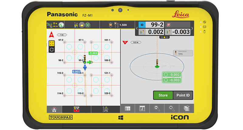 Geteilte Ansicht der Leica iCON build Software mit Ansichten der digitalen Entwurfsdaten und einem Entwurfspunkt, der innerhalb der Toleranz mit einer Leica iCON Totalstation für die Baubranche abgesteckt wird
